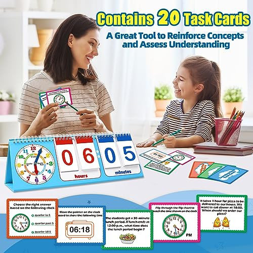 Torlam Learning Clock Flip Chart Colorful Analog and Digital Telling Time Teaching Clock For Kids Math Manipulatives 1St 2Nd Grade Homeschool Supplies Kindergarten Preschool Learning Activities Games