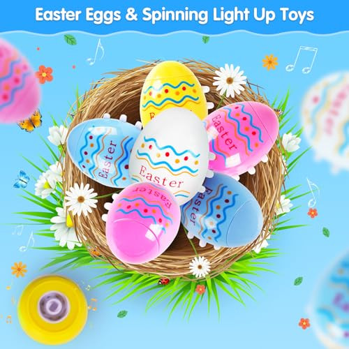 Terramus Easter Eggs Toys 6Pack Light Up Easter Basket Stuffers Lighting Singing Spinning Tops Party Favors Plastic Eggs Toy Gifts For Kids Toddler 3+ Boys Girls
