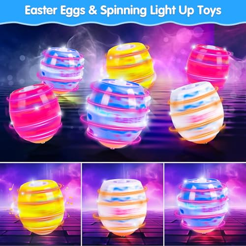 Terramus Easter Eggs Toys 6Pack Light Up Easter Basket Stuffers Lighting Singing Spinning Tops Party Favors Plastic Eggs Toy Gifts For Kids Toddler 3+ Boys Girls