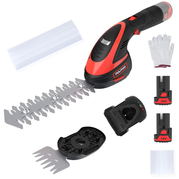PULITUO 12V Cordless Handheld Grass Shear and Shrub Trimmer, 2-in-1 Hedge Trimmer That Comes with 2 PCS 2.0Ah Li-Ion Batteries and a Fast Charger Included.