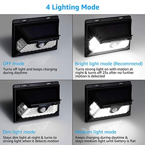 Torchstar 58 Led Solar Powered Security Light 4 Modes Cordless Motion Sensor Dusk To Dawn Light 270 Beam Angle Ip65 Waterproof For Yard Garage Porch 6500K Pure White Pack Of 4