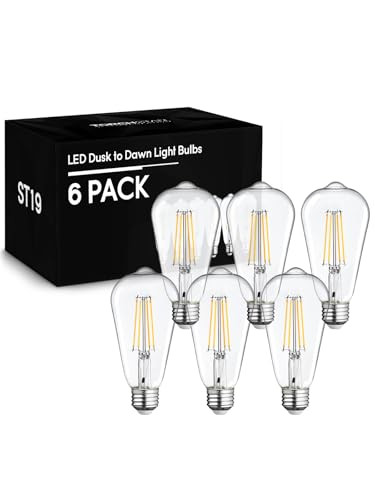 Torchstar Dusk To Dawn Light Bulbs Outdoor Sensor St19 Led Light Bulb Auto On/Off Photocell Automatic For Outdoor Lighting Ul and Fcc Listed E26 Base 2700K Soft White Pack Of 6