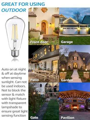 Torchstar Dusk To Dawn Light Bulbs Outdoor Sensor St19 Led Light Bulb Auto On/Off Photocell Automatic For Outdoor Lighting Ul and Fcc Listed E26 Base 2700K Soft White Pack Of 6