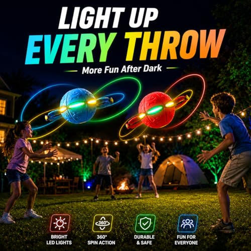 Letiafine 2 Pack Led Light Up 6Lights Magic Bouncing Ball Toy Transforming Flying Disc Ball PopUp Rebound Ball Outdoor Toss and Catch Interactive Sports Game For Backyard Play