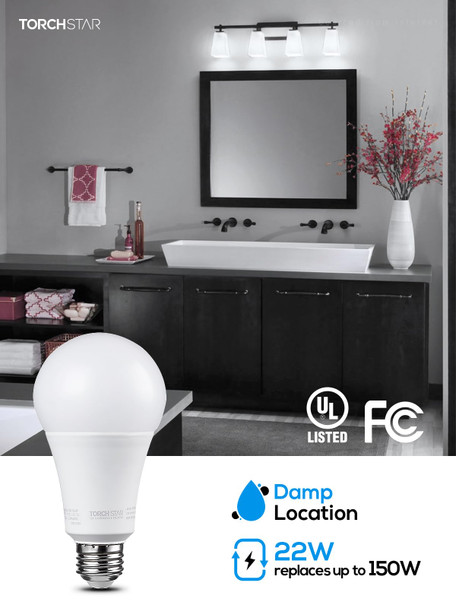 Torchstar Dimmable A21 Led Light Bulbs Cri 80 Super Bright Led Light Bulb 150W Equivalent 22W Ul and Energy Star Listed 25 000Hrs E26 Standard Base No Flicker 2550Lm 5000K Daylight Pack Of 6