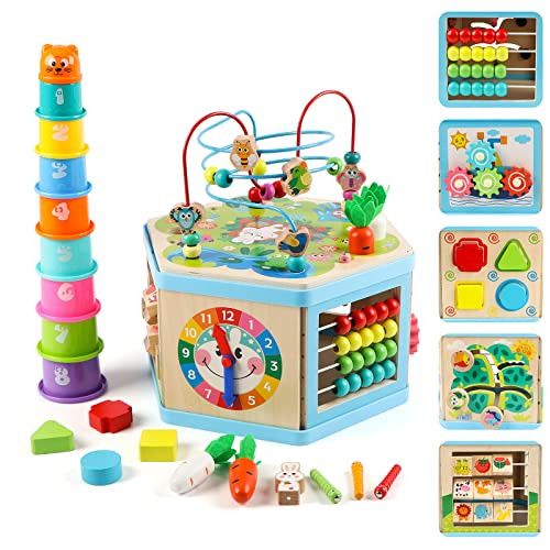 Vomocent Wooden Activity Cube For 1 Year Old Kids Educational Learning Bead Maze For Toddler Age 13 Developmental Montessori Toys For 1236 Months Boys Girls