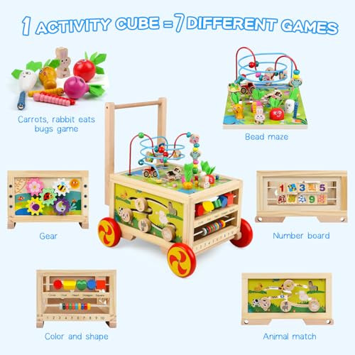 Fopnets Wooden Activity Cube 7In1 Montessori Toy Multipurpose Educational Learning Toy For 1+ Year Old Baby Toddler Kid Boy First Birthday Bead Maze Gear Number Animal Board Carrots Harvest Game