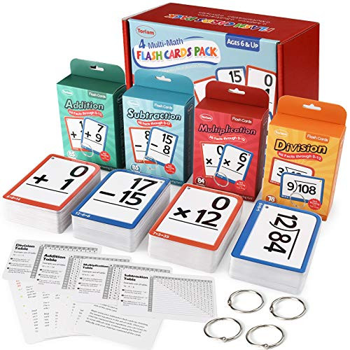 Torlam Multi Math Flash Cards For Kids Ages 48 Addition Subtraction Multiplication and Division All Facts 012 With 4 Rings Math Games For Kids 68 3Rd 4Th 5Th 6Th Grade 332 Cards Total