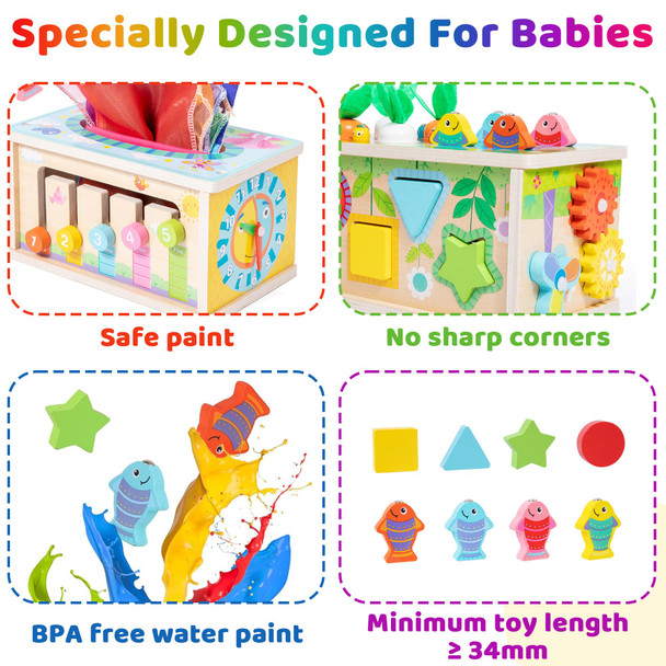 Mummed Montessori Baby Wooden Tissue Box Christmas Toy 6In1 Sensory Tissue Box Toy For Babies 36+ Months Developmental Toys For Babies For 36+ Months