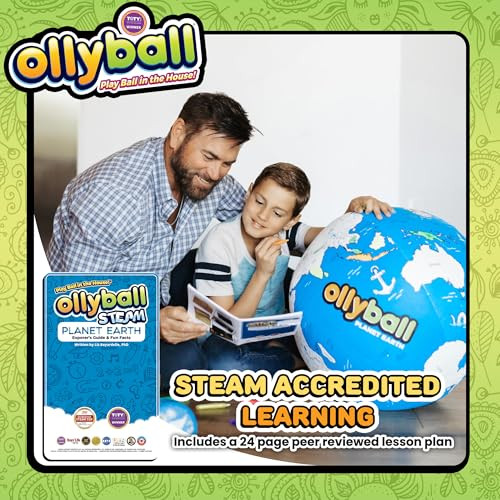 Ollyball Planet Earth 22 Mega Large Bouncy Ball For Kids Indoor And Outdoor Play Giant Inflatable Ball For Exercise Steam Accredited Colorable World Map With 24Page Lesson Plan