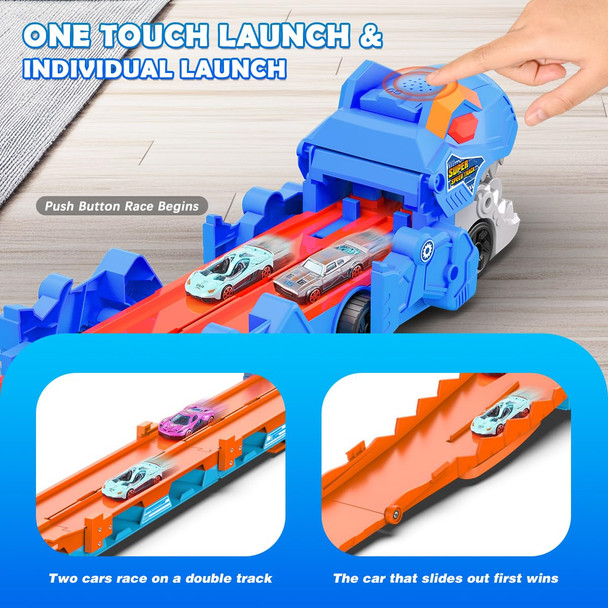 Terramus Dinosaur Transport Truck Toy For Kids 3 In 1 Ejection Folding Track Toys W/Sound 8 Race Cars Portable Vehicles Set Best For Boys Girls 3 4 5 6 Years Old Possesses Invention Patents