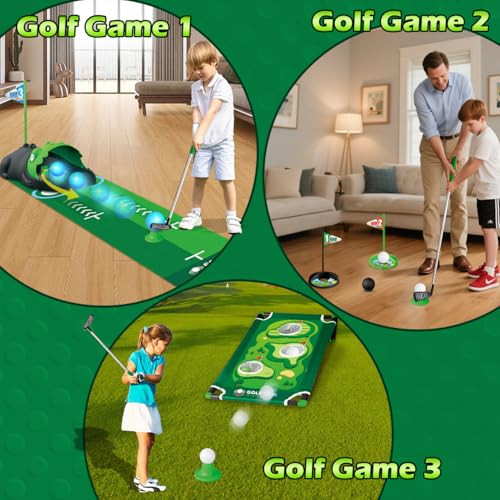 Terramus 3 In 1 Kids Golf Set With Dinosaur Automatic Golf Returner Golf Cornhole Board Led Light Up Balls Putting Mat 38 Toddler Mini Golf Games Indoor Outdoor Golf Toys For Boys Girls 3+