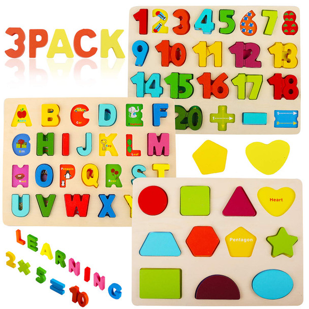 Voamuw Wooden Puzzles For Toddlers Voamuw Alphabet Number Shape Learning Puzzle For Kids Ages 3 4 5 Montessori Toys Preschool Education Chunky Jigsaw For Boys And Girls