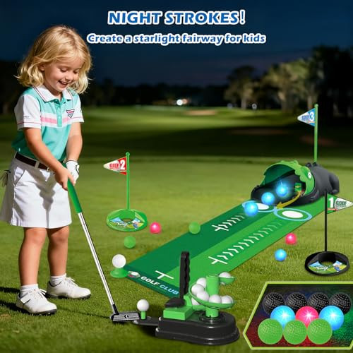 Terramus Upgraded Kids Toy Golf Set 3 In 1 Golf Toys With Dinosaur Automatic Ball Returner and Ball Launcher Led Light Up Balls Mini Golf Toy For Ages 38 Indoor Outdoor Sports For Boys Girls