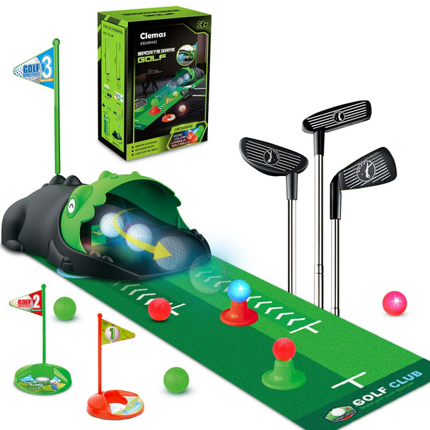 Clemas Upgraded Kids Toy Golf Set With Dinosaur Automatic Golf Returner Led Light Up Night Golf Balls 3 Clubs Putting Mat 38 Toddler Mini Golf Games Indoor Outdoor Sports Toys For Boys Girls 3+