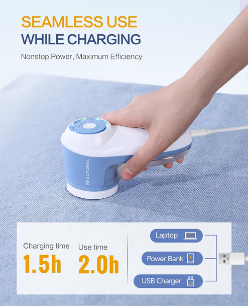 BEAUTURAL Fabric Shaver and Lint Remover, Rechargeable Sweater Defuzzer | 6-Leaf Blades, Electric Clothes Shavers to Trim Fuzz and Pills, Remove Pilling for Clothing, Furniture, Couch, Blanket - Blue