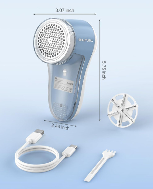 BEAUTURAL Fabric Shaver and Lint Remover, Rechargeable Sweater Defuzzer | 6-Leaf Blades, Electric Clothes Shavers to Trim Fuzz and Pills, Remove Pilling for Clothing, Furniture, Couch, Blanket - Blue