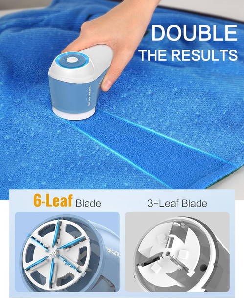 BEAUTURAL Fabric Shaver and Lint Remover, Rechargeable Sweater Defuzzer | 6-Leaf Blades, Electric Clothes Shavers to Trim Fuzz and Pills, Remove Pilling for Clothing, Furniture, Couch, Blanket - Blue