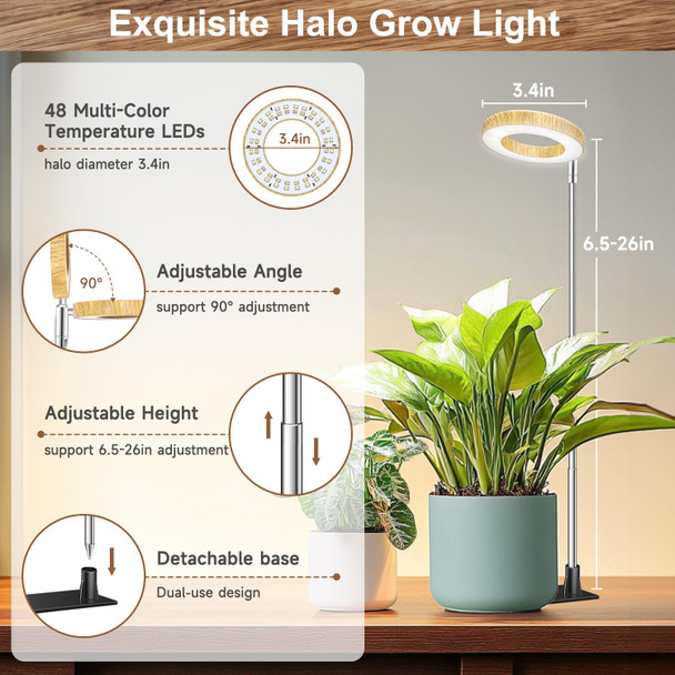Aokrean Grow Light, Full Spectrum Plant Lights for Indoor Growing with Base | 48 LEDs Halo Grow Lamp for Small Plants, Base/Soil Insert, 6.5-26in Adjustable, 3 Spectra, 3/9/12H Timer,10 Brightness,3 Pack