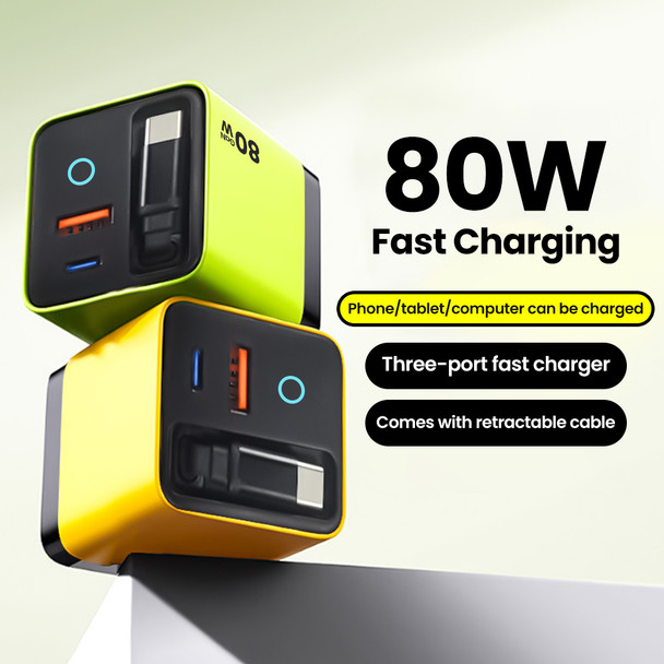 Twitch 80W Super Fast Charge Type C USB Phone Charger With Telescopic USB C Cable For Iphone 16 15 Samsung Laptop With Light - yellow EU