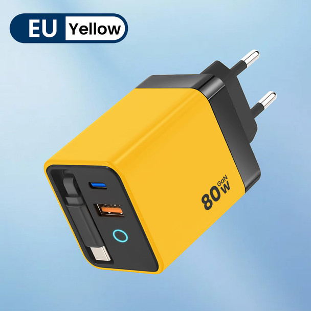 Twitch 80W Super Fast Charge Type C USB Phone Charger With Telescopic USB C Cable For Iphone 16 15 Samsung Laptop With Light - yellow EU