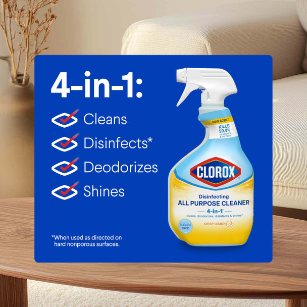 Clorox Disinfecting All Purpose Cleaner, Bleach Free, Crisp Lemon, 32 Fluid Ounces