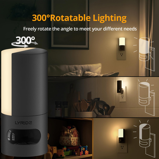 Lyridz Plug-in LED Rotatable Night Light with Motion Sensor, Dimmable Backlit Nightlight with 1-150lm Adjustable Brightness for Bathroom, Bedroom, Hallway, Stairs, 2 Pack - Warm White