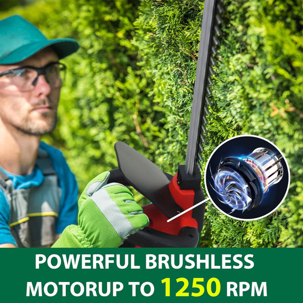 Brushless Hedge Trimmer Cordless, T TOVIA 20'' Bush Trimmer with Dual-Action Laser Blade & 3/5” Cutting Capacity, 21V Battery Powered Handheld Hedge Cutter for Bush Lawn and Garden, Tools only