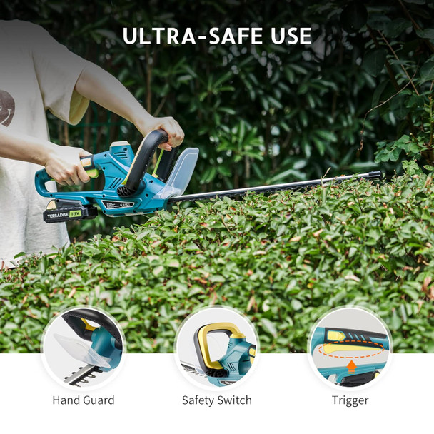 TERRADISE Cordless Hedge Trimmer with 2000mAh Battery Pack and Charger, Gardening Tool for Brush and Hedge Trimming, Electric Bush Cutter with 20" Dual Action Blades for Tree Branches Shrubs More TERRADISE Cordless Hedge Trimmer with 2000mAh Battery Pack and Charger, Gardening Tool for Brush and Hedge Trimming, Electric Bush Cutter with 20" Dual Action Blades for Tree Branches Shrubs More