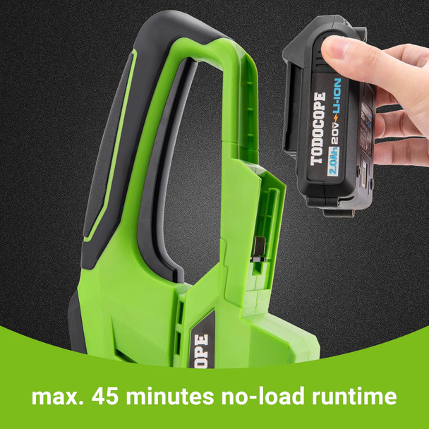 TODOCOPE 20V Cordless 23 Inch Quick Charge 2.0AH Battery Powered Hedge Trimmer, Dual-Action Blade, 5/8" Cutting Capacity & 5 lbs Lightweight Electric Bush Trimmer, Green, (TDC-CHT20) TODOCOPE 20V Cordless 23 Inch Quick Charge 2.0AH Battery Powered Hedge Trimmer, Dual-Action Blade, 5/8" Cutting Capacity & 5 lbs Lightweight Electric Bush Trimmer, Green, (TDC-CHT20)