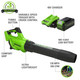Greenworks 40V (550 CFM / 130 MPH) Brushless Axial Leaf Blower 4Ah USB Battery and Charger with 40V String Trimmer