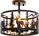 Rustic Semi-Flush Mount Ceiling Light Fixture,3-Light E12 Base Black Round Farmhouse Metal Light Fixtures For Kitchen, Hallway, Living Room, Industrial Style With Deer, Bear, Tree Design -Frame