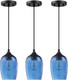 3 Pack 1 Light Hanging Indoor Kitchen Island Pendant Lights 5.1" Hand Blown Black Seeded Ancient Blue Glass Ceiling Light Fixtures Black Finish Modern Farmhouse Dinning Over Sink