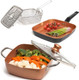 Moss & Stone 5 Pcs Copper Chef Cookware Set 9.5” Non Stick Deep Frying Pan Fry Basket Dishwasher & Oven Safe Induction Copper Cookware Set Bundle With Square Grill Pan For Indoor Cooking 9.5In Fr