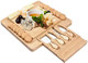 Bamboo Cheese Board And Knife Set - Square Charcuterie Wooden Serving Board With 4 Cheese Knives In A Pull-Out Drawer Great To Present Cheese Platter For Picnic Or Parties