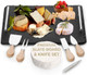 Slate Cheese Board Set W/Easy Carry Handles (14” X 10” Black) Natural Stone Slate Tray For Appetizer Serving Full Deluxe Cheeseboard Platter W/ 3 Knives 1 Fork & 2 Soapstone Chalks By Yes4Quality