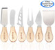 Anapoliz Cheese Knife Set 6 Piece Stainless Steel Wooden Handles Knives Narrow Plane Knife Cheese Fork Small Spade Spreader Shaver Open Work Blade Gourmet Cheese 6 Pcs Knife Set