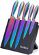 Rainbow Knives Block Set 6 Pieces Iridescent German High Carbon Stainless Steel Kitchen Knives Pack With Magnetic Knife Display Rack