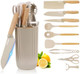 Kitchen Knife Set Knife Sets With Block And 4 Pcs Kitchen Utensils Set 10-In-1 Cooking Utensils Set With Knife Set And Utensils Holder Silicone Spatula Set For Kitchen (Khaki)