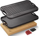 Overmont Pre-Seasoned 17X9.8" Cast Iron Reversible Griddle Grill Pan With Handles For Gas Stovetop Open Fire Oven One Tray Scrapers Included