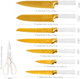 Gold Knife Set with White Handle 14PCS Premium Quality Titanium Coated Hollow Handle Kitchen Knife Sets Stainless Steel Chef Gold Kitchen Knife Sets with White Block Non-slip Ergonomic Handle