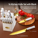 Gold Knife Set with White Handle 14PCS Premium Quality Titanium Coated Hollow Handle Kitchen Knife Sets Stainless Steel Chef Gold Kitchen Knife Sets with White Block Non-slip Ergonomic Handle