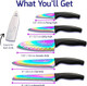 Rainbow Kitchen Knife Set Sharp Stainless Steel Knives with Titanium Coating Chef Bread Santoku Paring & Utility Includes Covers Ergonomic Black Handle