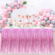 4 Pack 29x108 Inch Metallic Foil Fringe Tinsel Table Skirts for Rectangle Tables Streamer Curtains Backdrop for Wedding, Birthday, Parade Floats, Christmas, Halloween Party PINK