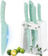 Kosha 6 Pcs Stainless Steel Knife Set With Block - Kitchen Knives Set For Cutting Slicing Dicing (Pink/Green) Ergonomic Handle Floral Acrylic Knife Block Non-Stick Coated Present For Women