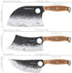 3Pcs Butcher Knife Set 7" Serbian Chef Knife & 7" Meat Cleaver & 6.5" Viking Knife Hand Forged With Wooden Handle Kitchen Knives For Cooking Camping Bbq Carve Pattern And Finger Hole Design