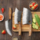 3Pcs Butcher Knife Set 7" Serbian Chef Knife & 7" Meat Cleaver & 6.5" Viking Knife Hand Forged With Wooden Handle Kitchen Knives For Cooking Camping Bbq Carve Pattern And Finger Hole Design
