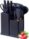 19 Pieces Kitchen Utensils And Knife Set With Block With 9 Piece Silicone Cooking Utensils Set 5 Piece Sharp Stainless Steel Chef Knife Scissors Whisk Tongs And Cutting Board (Dark Black)
