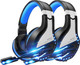 NPET 【2 Pack HS10 Stereo Gaming Headset for PS4 PC Xbox One PS5 Controller, Noise Cancelling Over Ear Headphones with Mic, LED Light, Bass Surround, Soft Memory Earmuffs Blue
