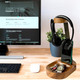 Wooden Headphone Stand, Universal Headset Holder, Desktop Earphone Hanger with Cell Phone Slot and Large Catch All Base, Made of Acacia Wood with Steel Support